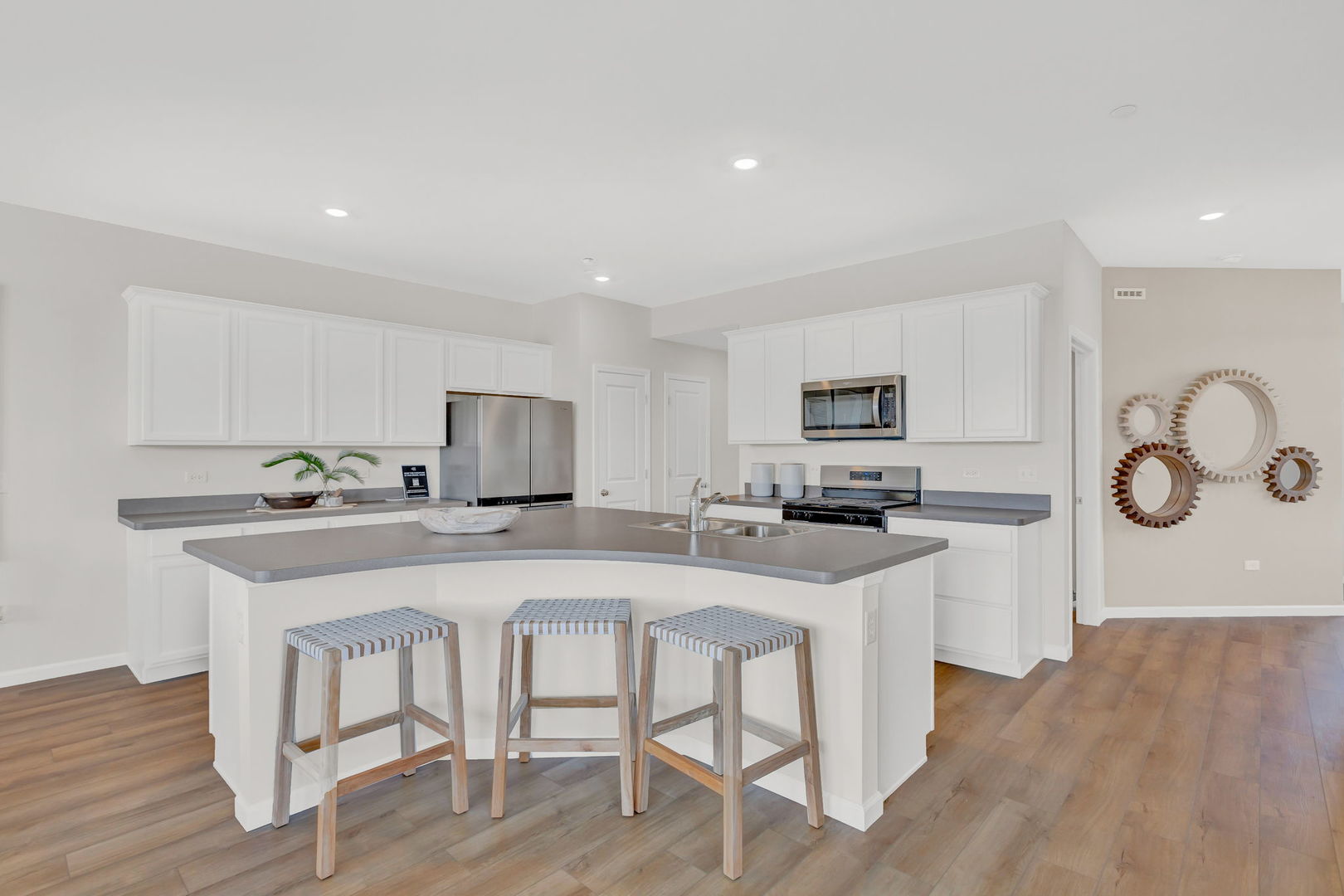 5913 Hawkweed Drive, Unit 8704 Plainfield, IL 60585 - Photo 6 of 17 a kitchen with stainless steel appliances granite countertop a sink a stove a refrigerator with white cabinets and wooden floor