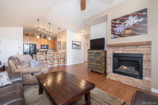 a living room with furniture a flat screen tv and a fireplace
