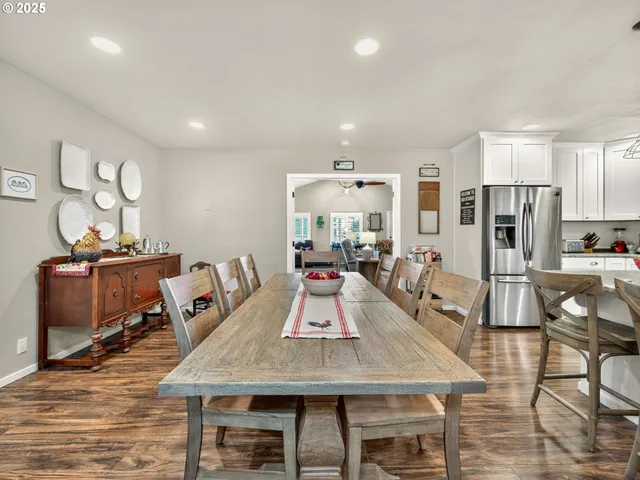 a view of a dining room with furniture