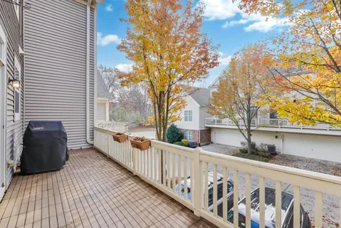 a view of a balcony with two plants
