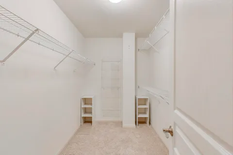 a view of walk in closet with empty racks