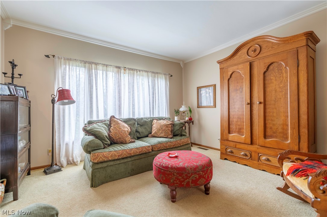 585 Yager Road Clinton, OH 44216 - Photo 19 of 35 Carpeted living room featuring ornamental molding