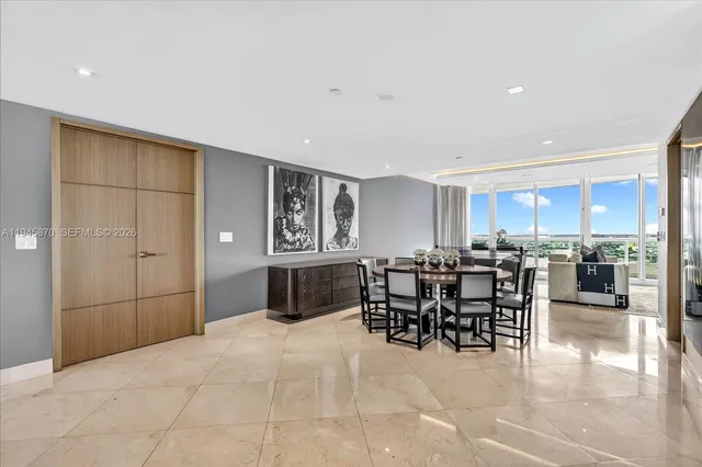 a view of a dining room with furniture