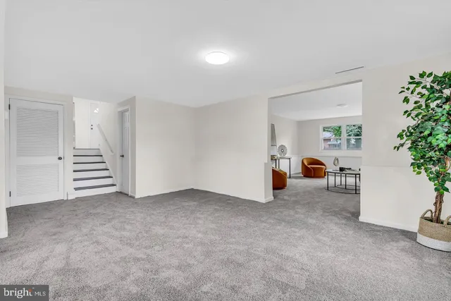 an empty room with furniture and a potted plant