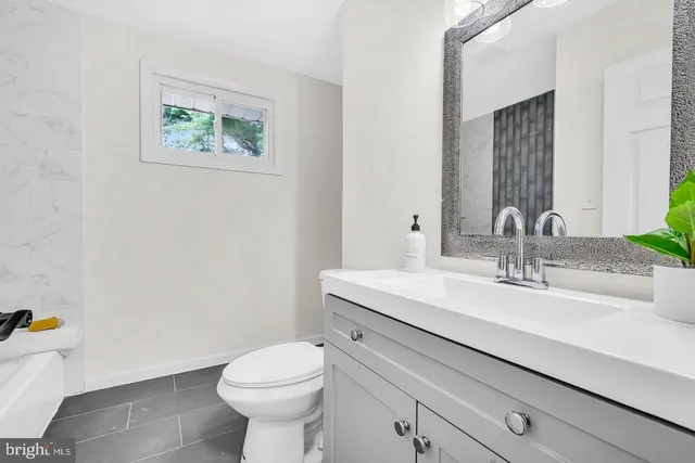 a bathroom with a sink a toilet and mirror