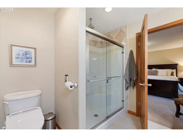a bathroom with a shower and a toilet