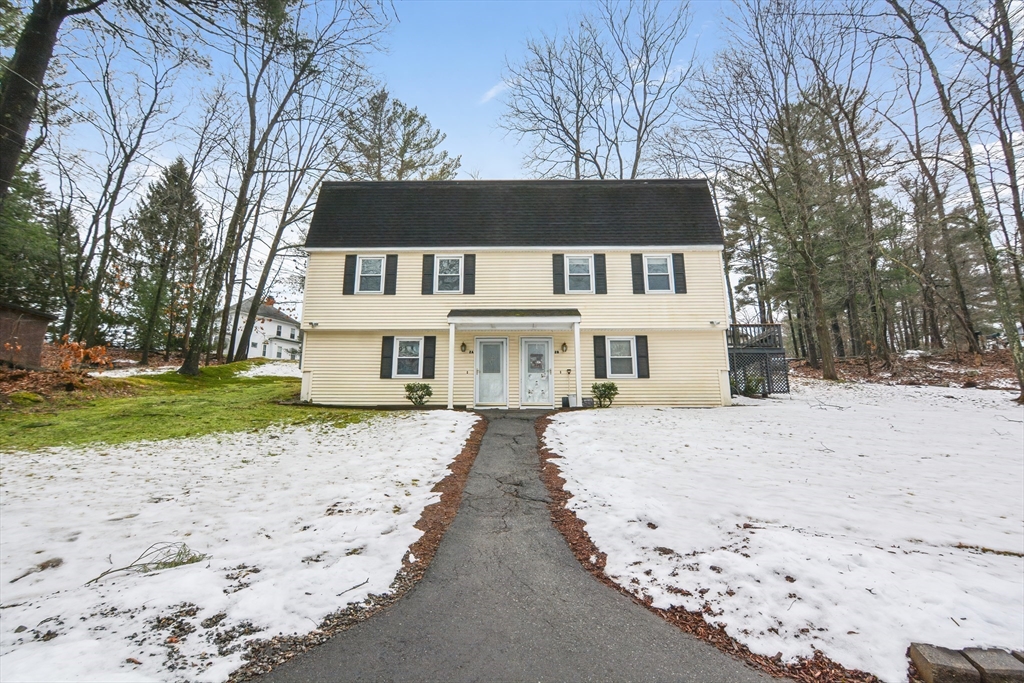 a front view of a house with a yard covered with snow and trees