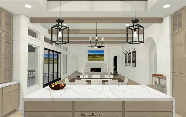 a view of a kitchen with a sink and refrigerator