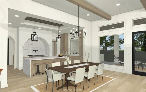 a dining room with furniture and window