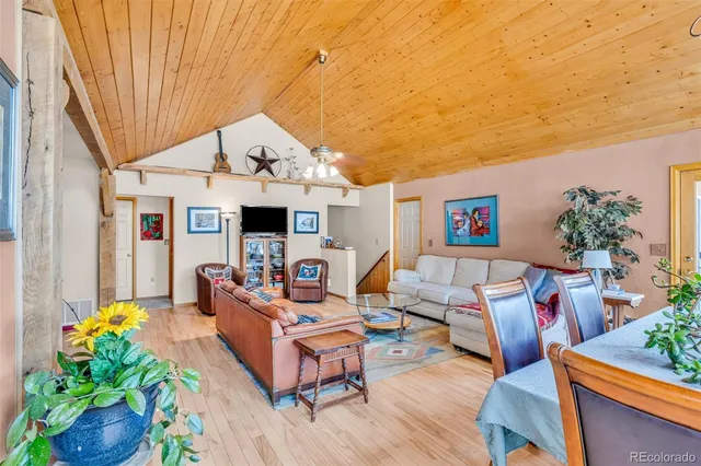 a outdoor living space with furniture potted plant and wooden floor