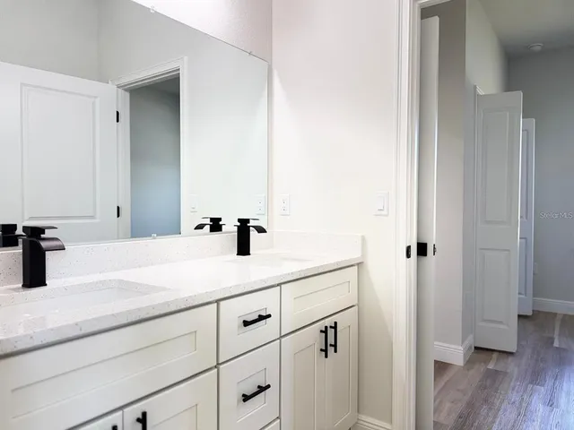 a bathroom with a sink and a mirror