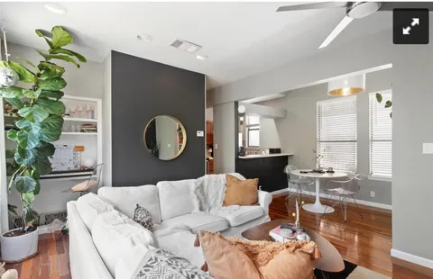 a living room with furniture and a potted plant