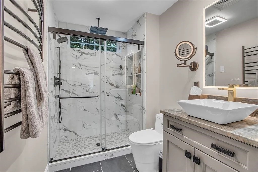 2 Morris Lane Rutland, MA 01543 - Photo 26 of 41 a bathroom with a granite countertop sink a toilet and shower