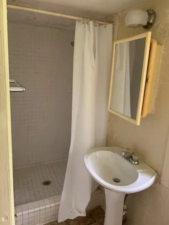 a bathroom with a sink a shower curtain and a mirror