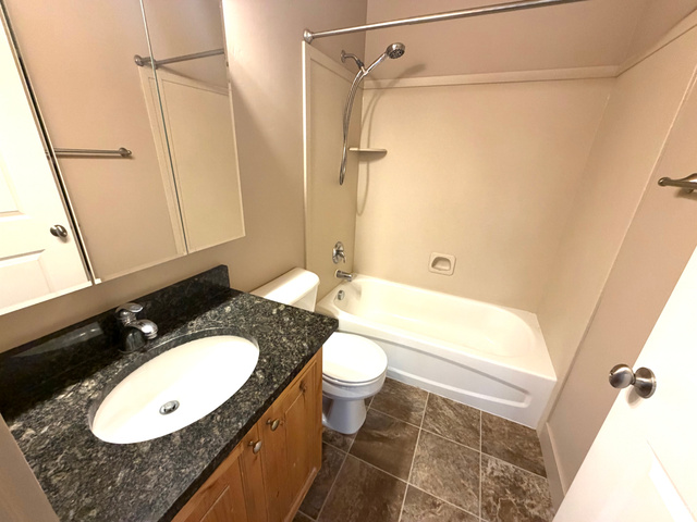 3618 Clear Rock Road, Unit 2 Eagle Mountain, UT 84005 - Photo 12 of 14 Bathroom featuring a wood-finish vanity with a dark countertop and an oval undermount sink