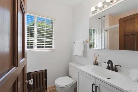 a bathroom with a sink a toilet and a mirror