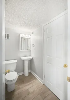 a bathroom with a toilet sink and mirror