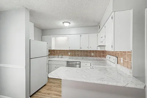 a kitchen with a refrigerator and a sink