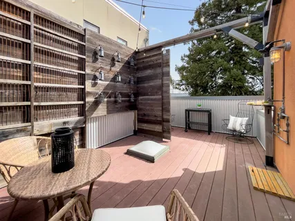 a view of a patio with couches and a potted plant on the floor