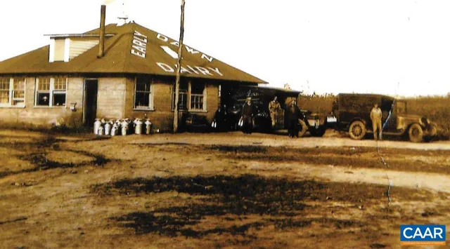 a view of a town with large trees