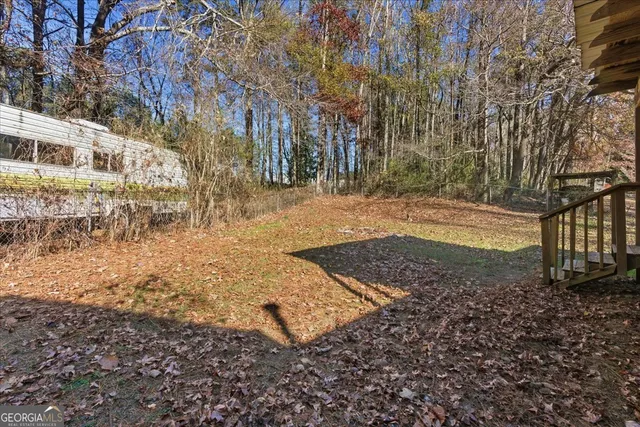 a view of a yard with plants and trees