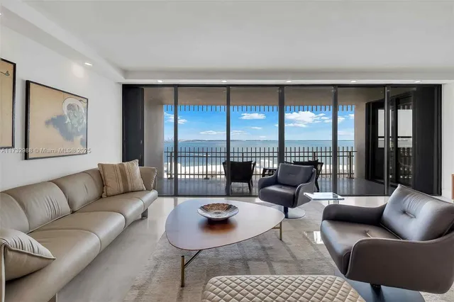 a living room with furniture and floor to ceiling window