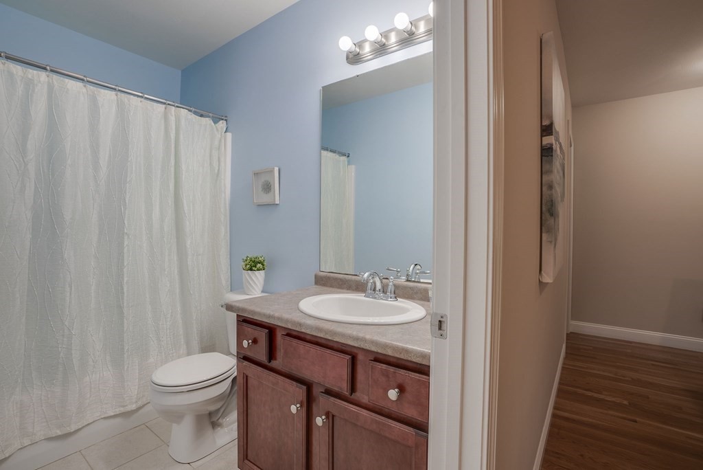 68 Diamondback Avenue Nashua, NH 03062 - Photo 19 of 22 a bathroom with a sink a toilet and shower curtain