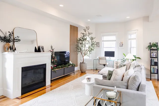 a living room with furniture a fireplace and a potted plant