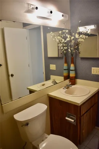 a bathroom with a sink a toilet and mirror
