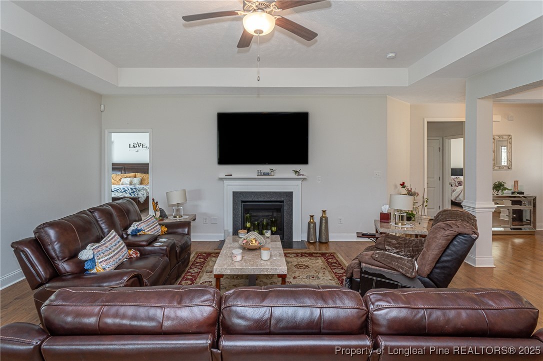 8220 Rivermist Lane Linden, NC 28356 - Photo 10 of 44 a living room with furniture a fireplace and a flat screen tv