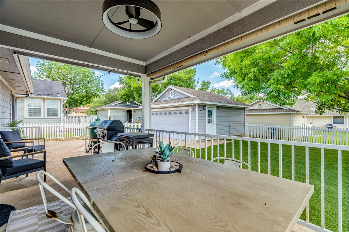 175 Wetzel Kyle, TX 78640 - Photo 24 of 27 An inviting covered patio with a ceiling fan, perfect for outdoor dining and entertaining.