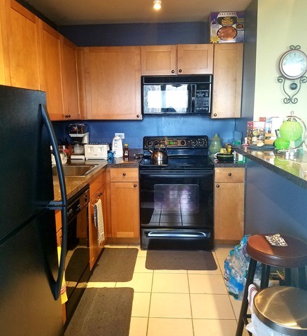 655 West Irving Park Road, Unit 1114 Chicago, IL 60613 - Photo 7 of 14 a kitchen with granite countertop stainless steel appliances a stove a sink and a microwave
