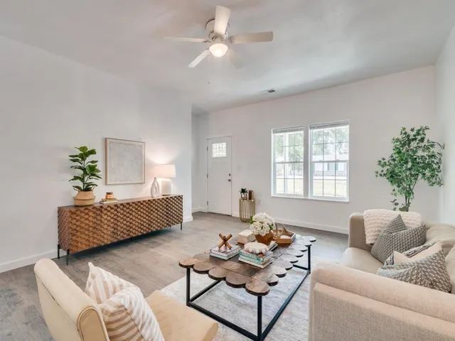 a living room with furniture and a potted plant