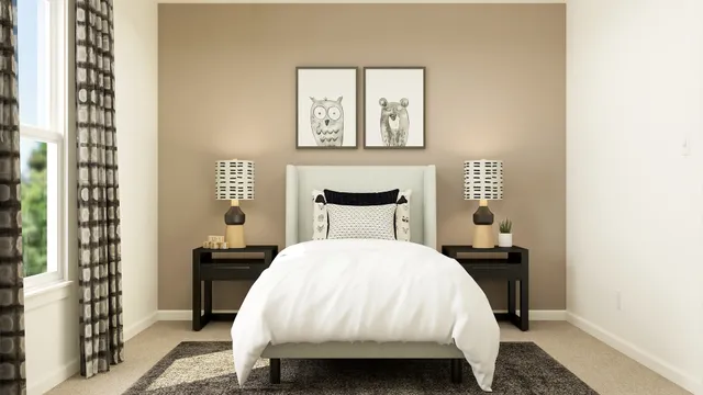 a bedroom with a bed and a potted plant on the dresser