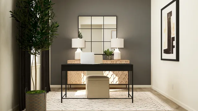 a hallway with a potted plant and a fireplace