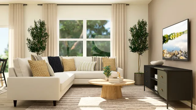 a living room with furniture and a potted plant