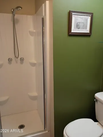 a white toilet sitting next to a shower