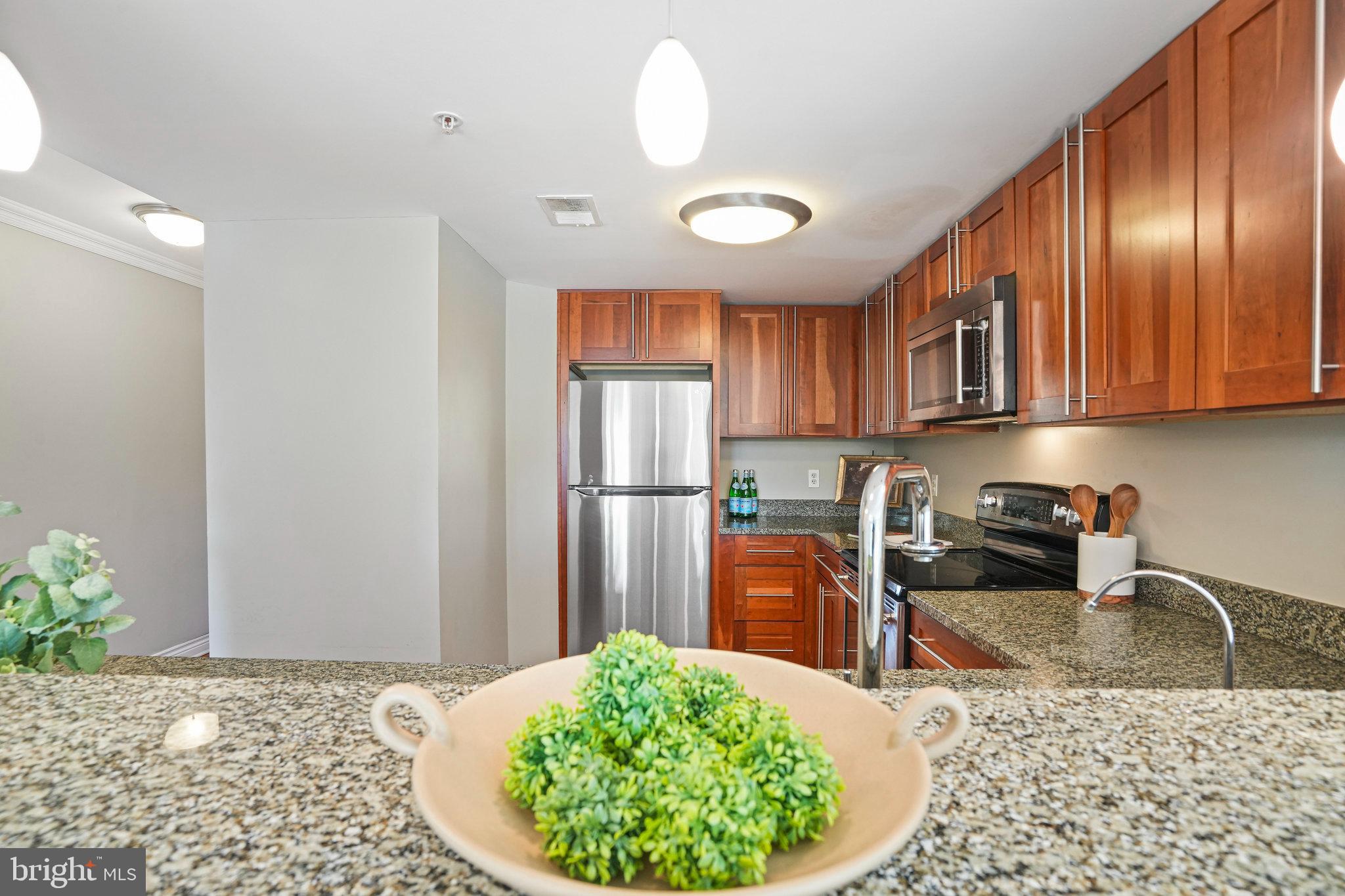 1020 Pennsylvania Ave. Southeast, Unit 404 Washington, DC 20003 - Photo 7 of 24 a kitchen with stainless steel appliances granite countertop a refrigerator a stove a sink dishwasher and white cabinets with wooden floor