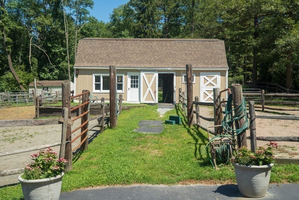 130 Farm Street Dover, MA 02030 - Photo 26 of 39 a view of a house with backyard sitting area and garden