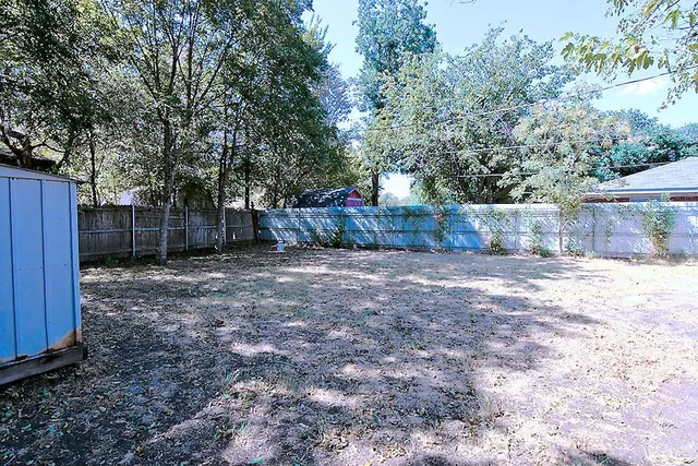 a view of a backyard with large trees and wooden fence