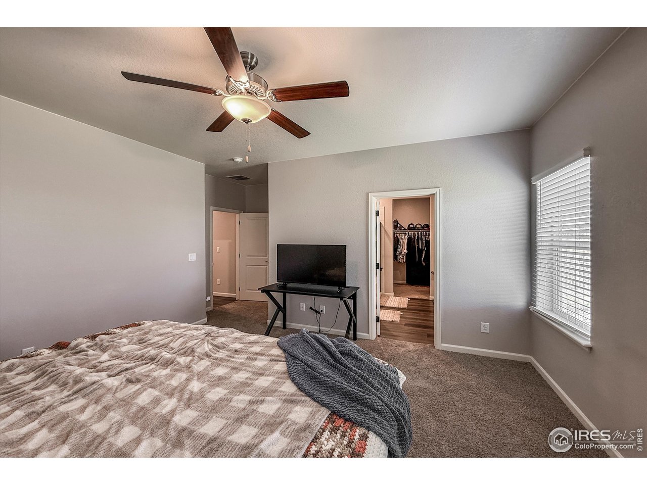 2287 Murray Street Mead, CO 80542 - Photo 16 of 38 a bedroom with a bed and a chandelier
