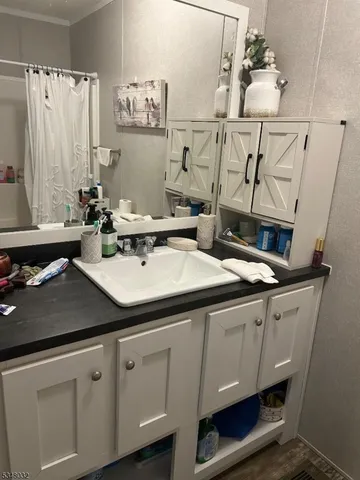 a bathroom with a sink and a mirror
