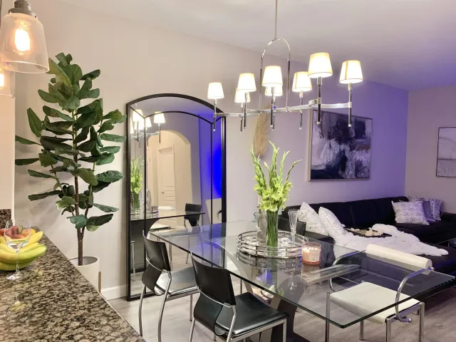 a view of a dining room with furniture