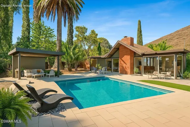 a view of a yard with plants and trees