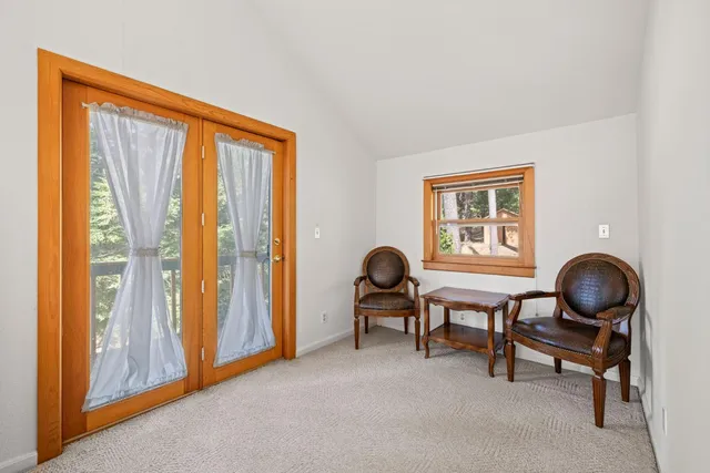a view of a yard with plants and trees