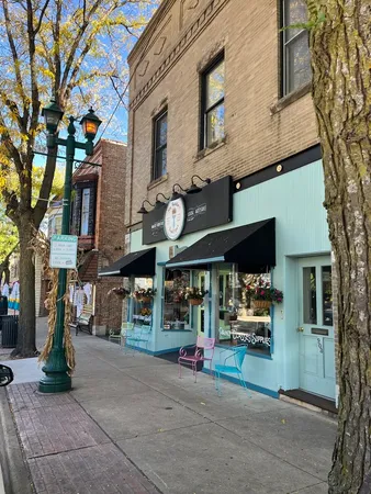 a view of street with shops and parked cars