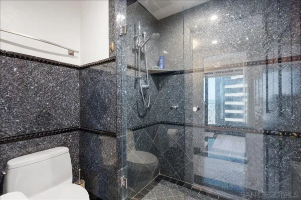 a bathroom with a toilet and a shower
