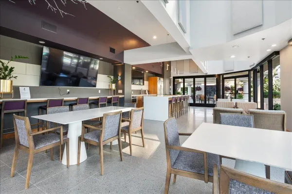 a view of a dining room with furniture