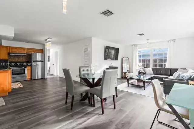 a view of a dining room with furniture window and wooden floor