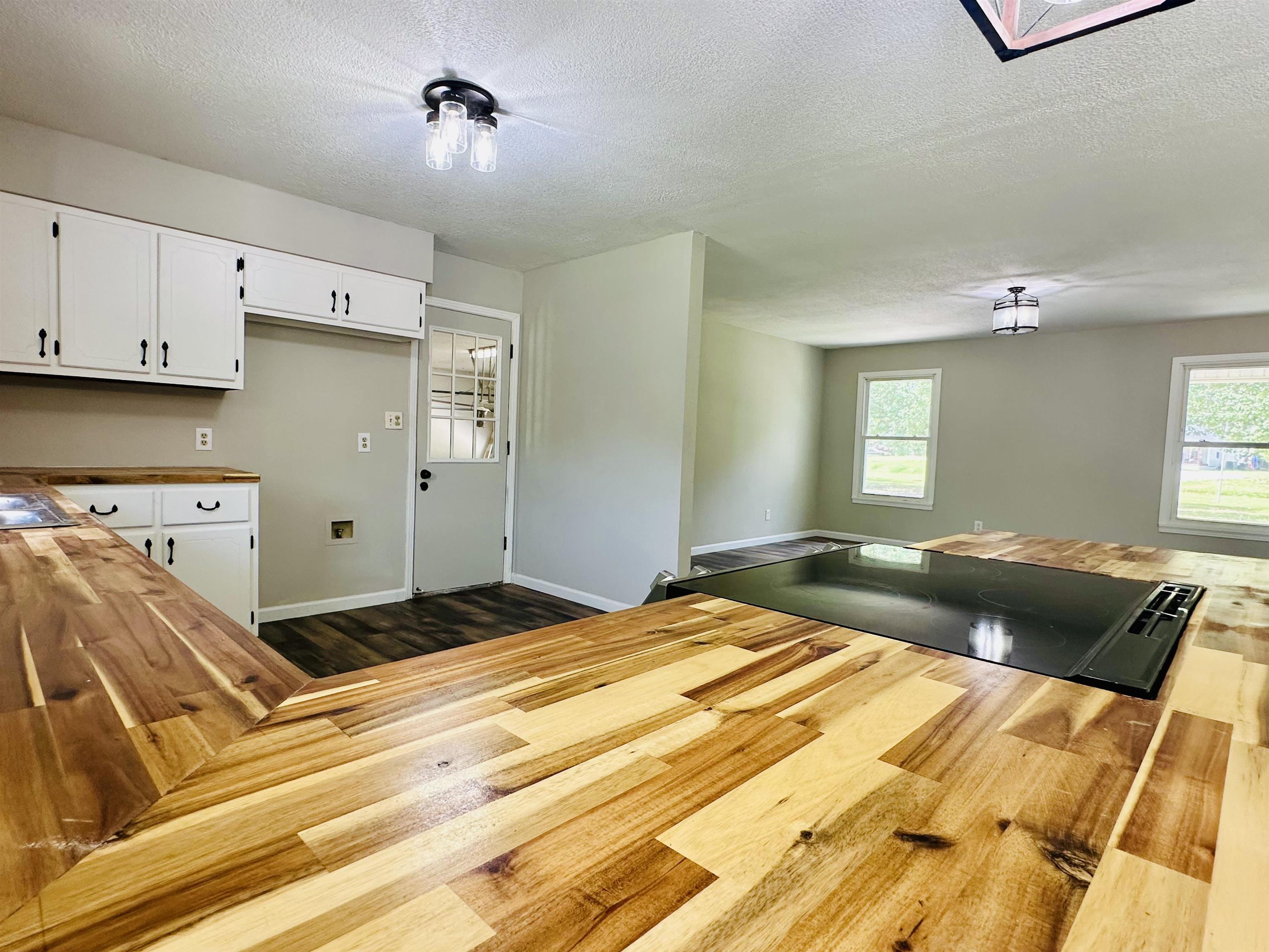 287 Gilchrist Stantonville Road Adamsville, TN 38310 - Photo 28 of 29 Kitchen featuring wooden counters, dark wood-style flooring, a textured ceiling, white cabinetry, and open floor plan